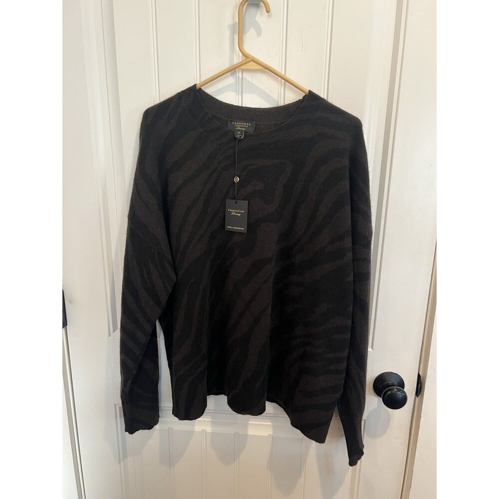 NWT Charter Club Luxury 100% Cashmere Zebra Sweater XL Brown Black Crewneck